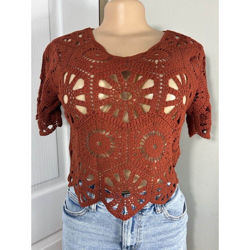Rebellion Womens Top Sz XS Cropped Crochet Open Knit Boho Festival Summer Beach